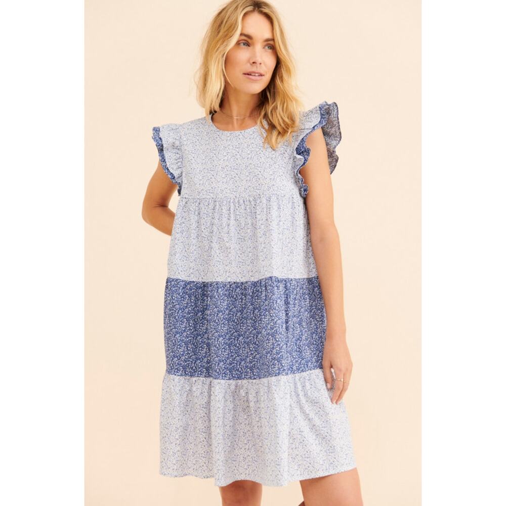 English Factory Ruffled Pockets Tiered Mini Dress Blue Size‎ Large